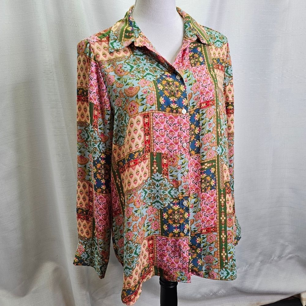 Rose & Olive Multicolor Patchwork Button Front Bl… - image 3